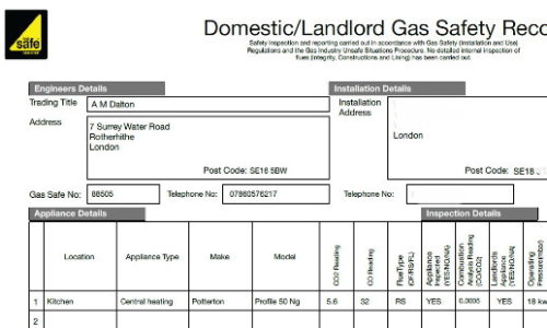 AM Dalton Plumbing Landlords Gas Safety Record